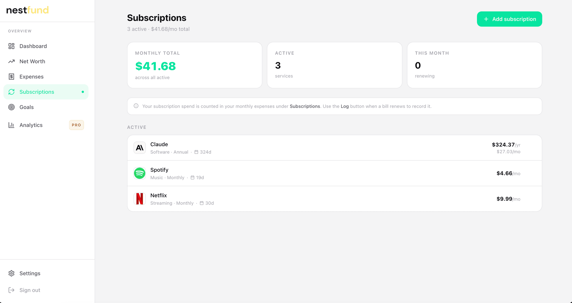 Subscriptions screenshot